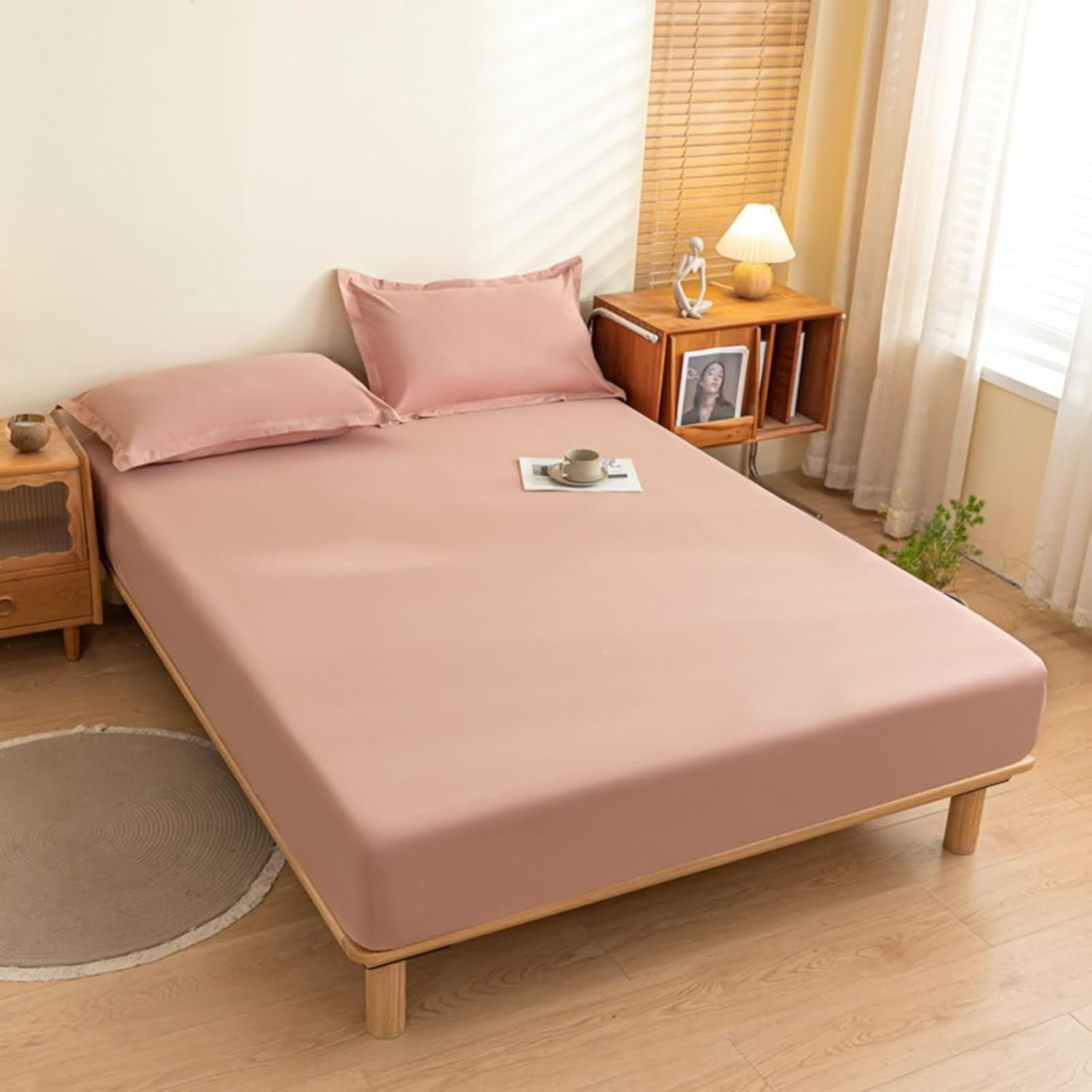 Beydodo Bed Fitted Sheet with Deep Pocket, Bed Sheet 90x200cm Solid Pink, Cotton Fitted Bed Sheets for Dorm