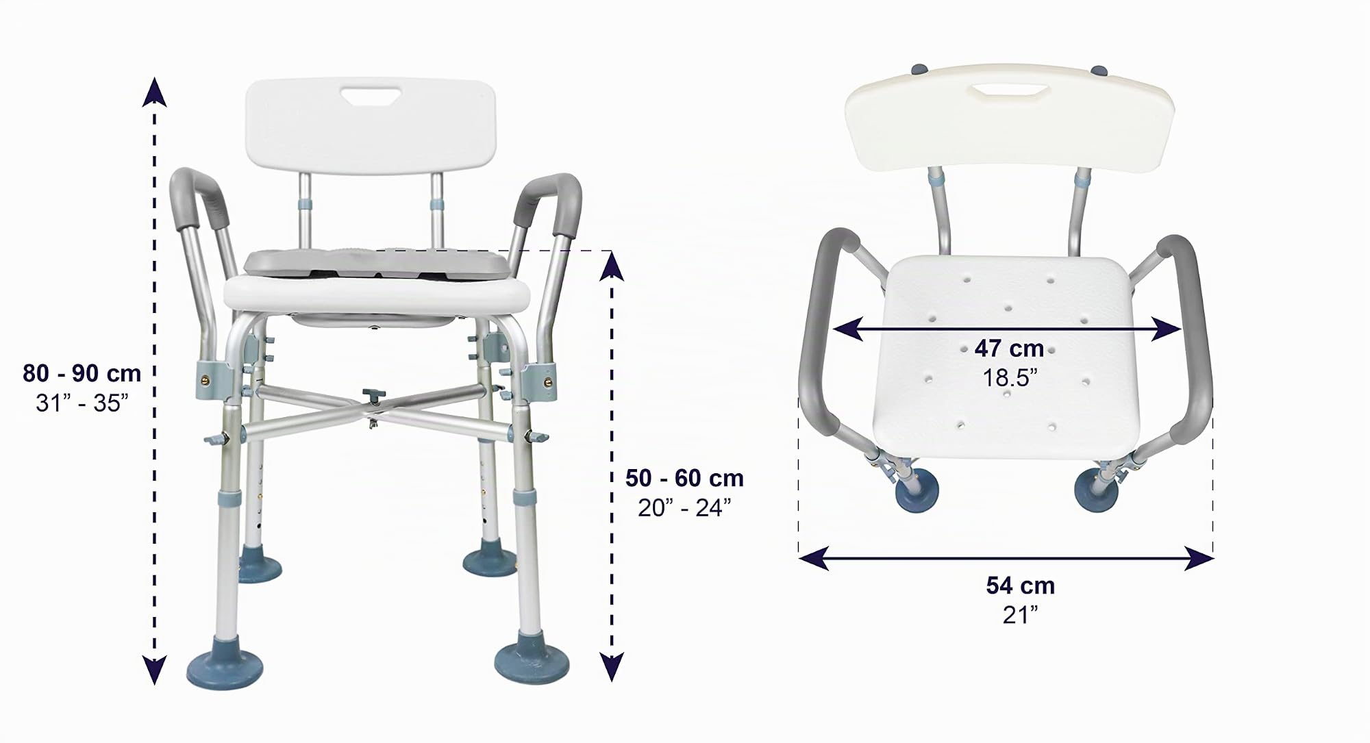KMINA Sedia Doccia Anziani con Braccioli, Cuscino e Doppia Barra, Bianca | Seggiolino Bagno Disabili in Alluminio, 5 Altezze da 50 a 60 cm, Punte Antiscivolo, Portata 150 kg, Prodotto in Europa