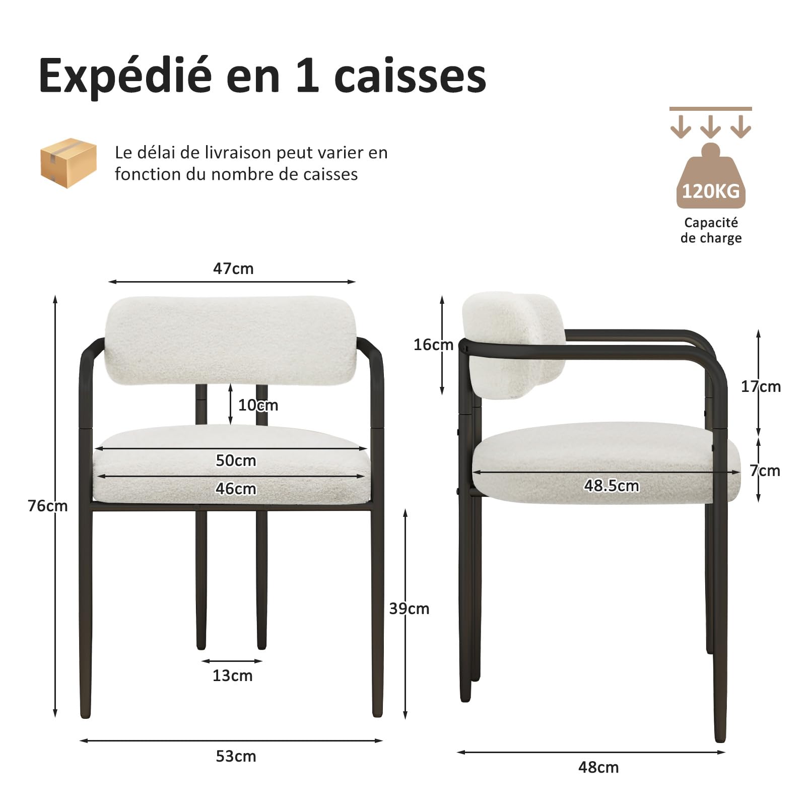 YU YUSING 2 Fauteuils Salle à Manger Bouclettes Rembourrées Accoudoir Métal