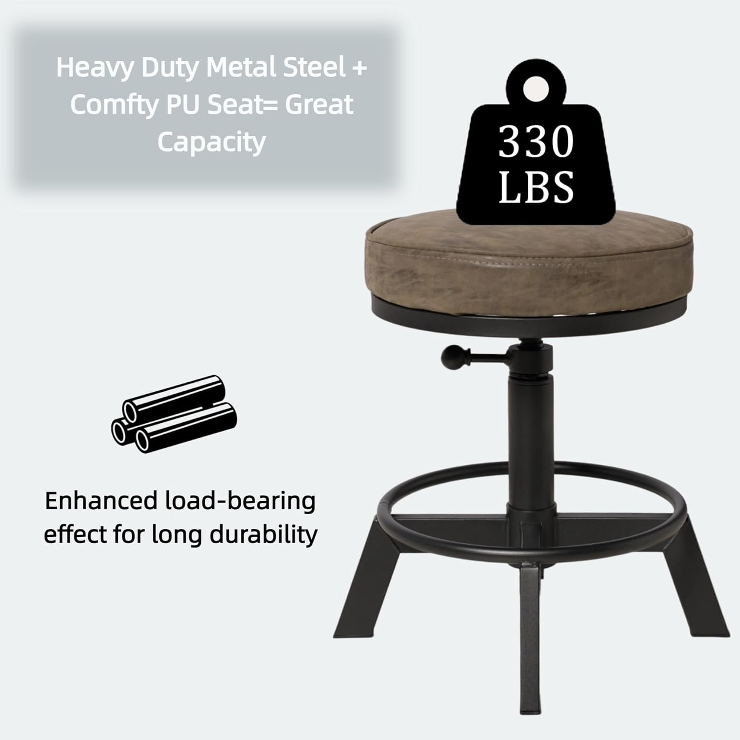 Industrial Bar Stools-Standard Height Chairs-Swivel Pu Seat-Kitchen Island Stool-Height Adjustable 15-21inch(Set of 2)