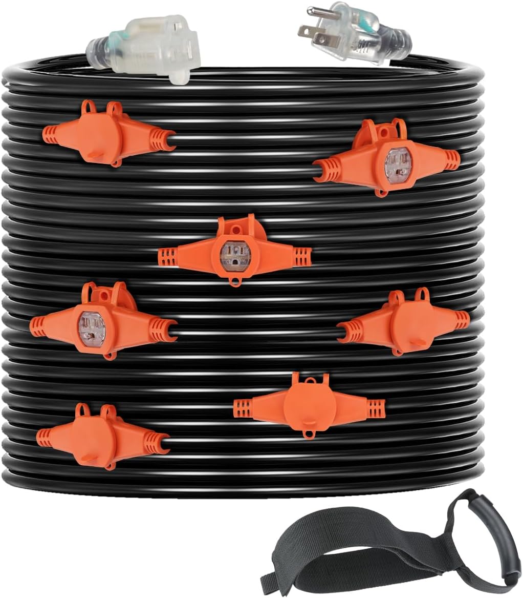 30 FT Outdoor Extension Cord with Multiple Outlets, Evenly Spaced 6 Outlets Plugs with Safety Cover, 16/3 SJTW Weatherproof Multiple Outlets Wire for Landscape/Christmas Tree Lights,ETL Listed, Black