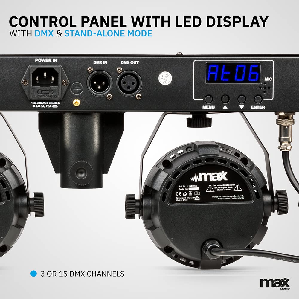 MAX Partybar09: Set di luci LED per feste con barra a T e supporto, 4 effetti di luce, RGBW Color Mixing, DMX 3 o 15 canali, controllo del suono con sensibilità regolabile