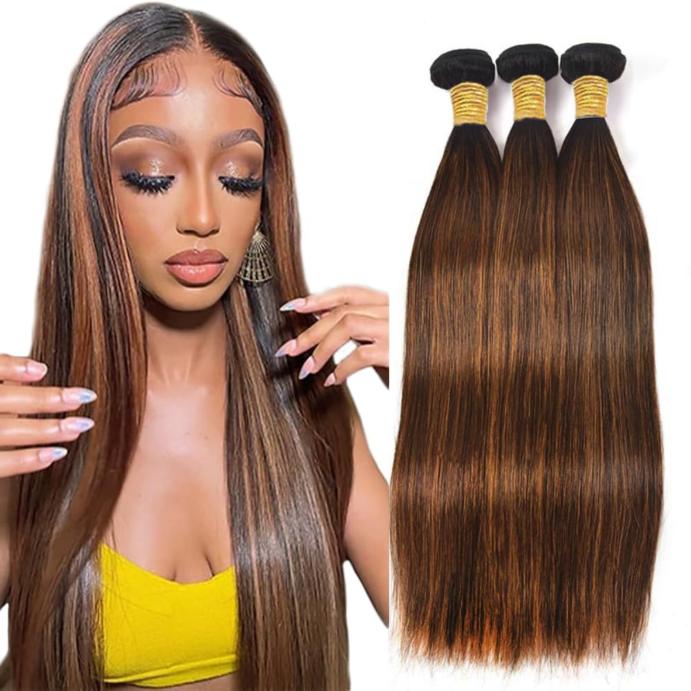Creuost p4/30 Highlight Brown Bundles Human Hair Straight Weave 3 Bundles Total 300g Real Unprocessed Virgin Double Weft Human Hair Extension 26 28 30 Inch