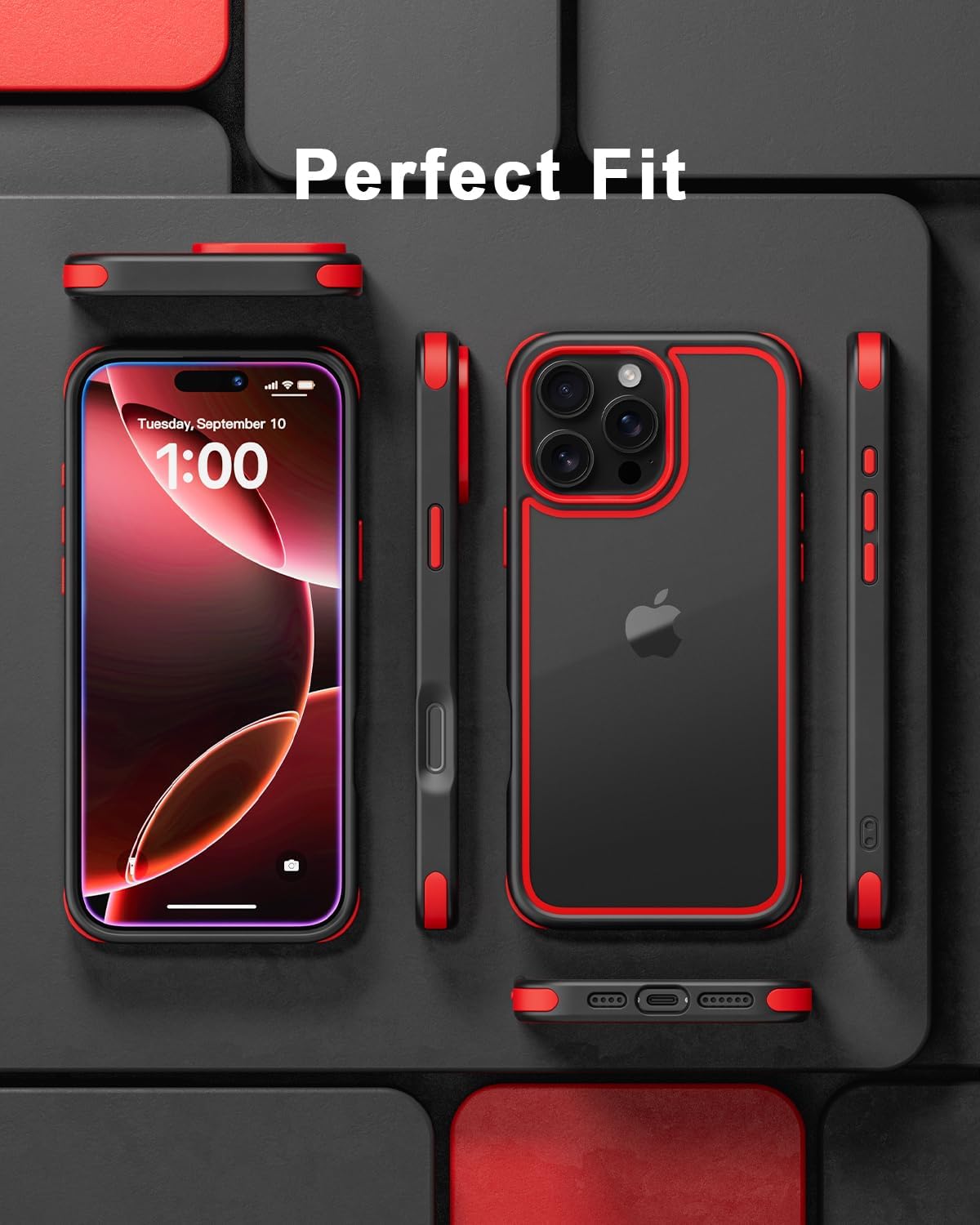 Mobnano Compatible with iPhone 16 Pro Max Case, with Multicolor Protective Shockproof Bumpers, Crystal Clear Back Not Yellowing Anti-Scratch Hard PC Back & Soft Silicone TPU Frame Cover - Black/Red - Image 5