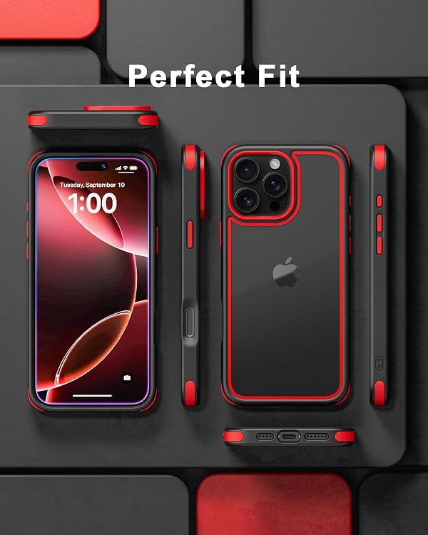 Mobnano Compatible with iPhone 16 Pro Max, Ultra Thin Hybrid Case, Soft TPU Shockproof Bumper Anti Scratch Cover for iPhone 16 Pro Max - Black/Red by Mobnano - Image 5