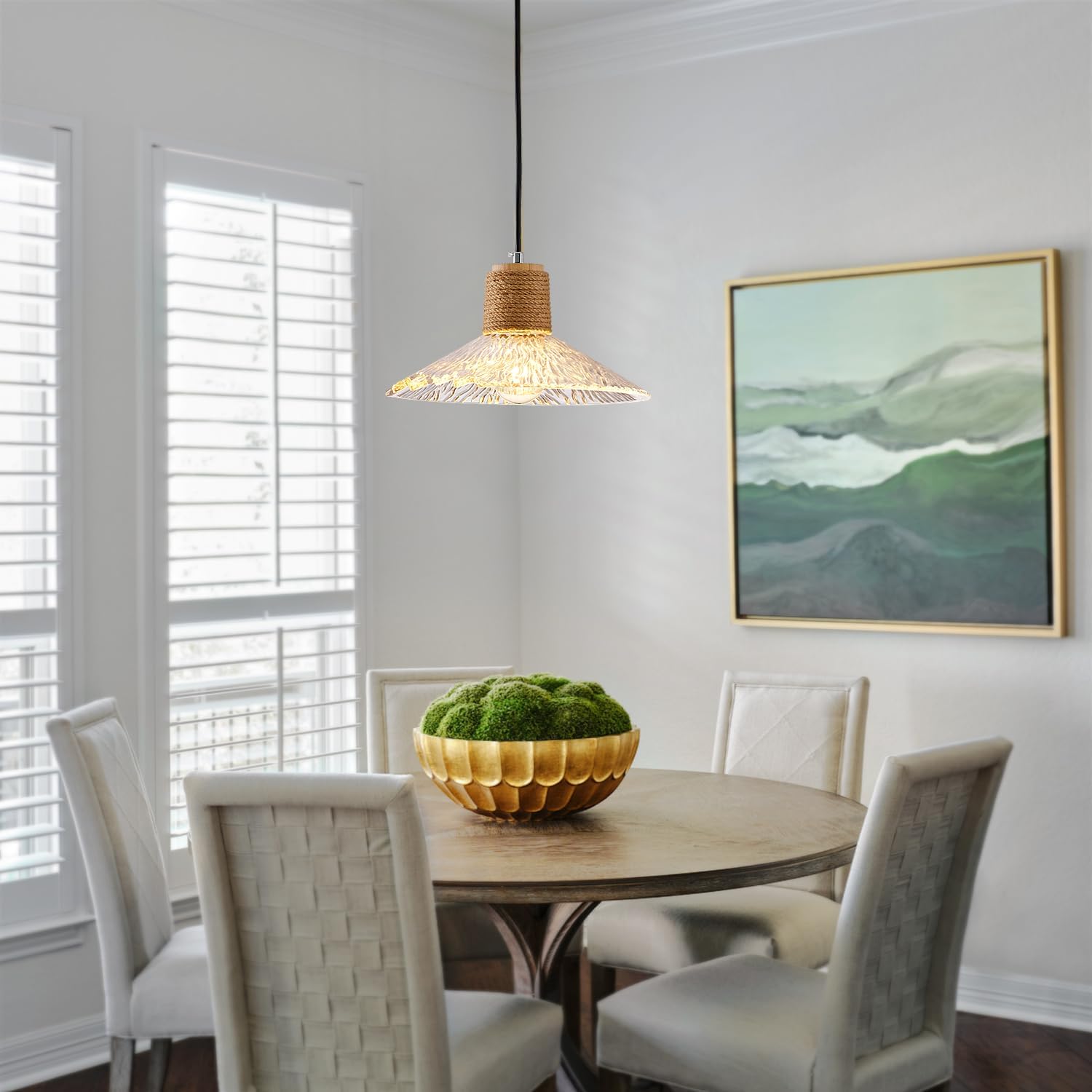 Luxury Pendant Light Fixtures for Kitchen Island, Farmhouse Rattan Adjustable Hanging Lamp for Living Room, Modern Crystal Chandelier with Water Ripple Glass Lampshade for Dining Room Bedroom 11.8inch