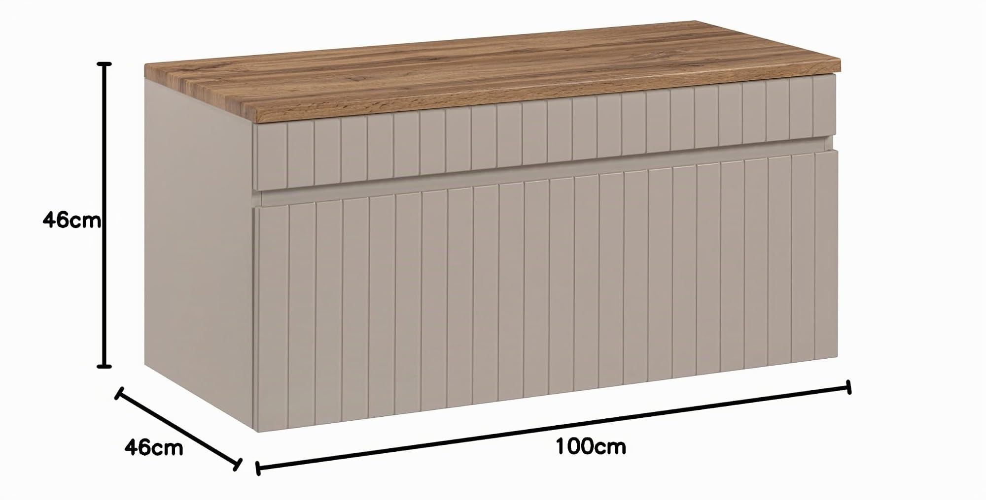 Mueble de Lavabo 100 cm Iconic Cashmere, Mueble de baño Colgante, Mueble de baño con encimera, Puertas acanaladas, Color Cachemir (con encimera Roble)
