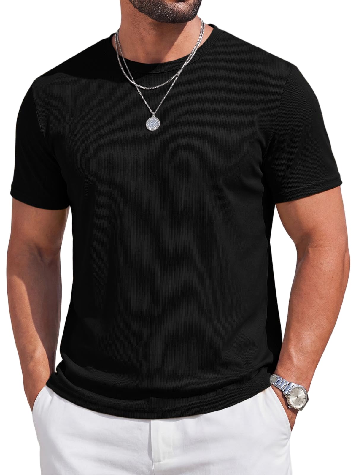 Runcati Maglietta estiva da uomo, a maniche corte, girocollo, leggera, funzionale, tinta unita, slim fit, palestra, sport