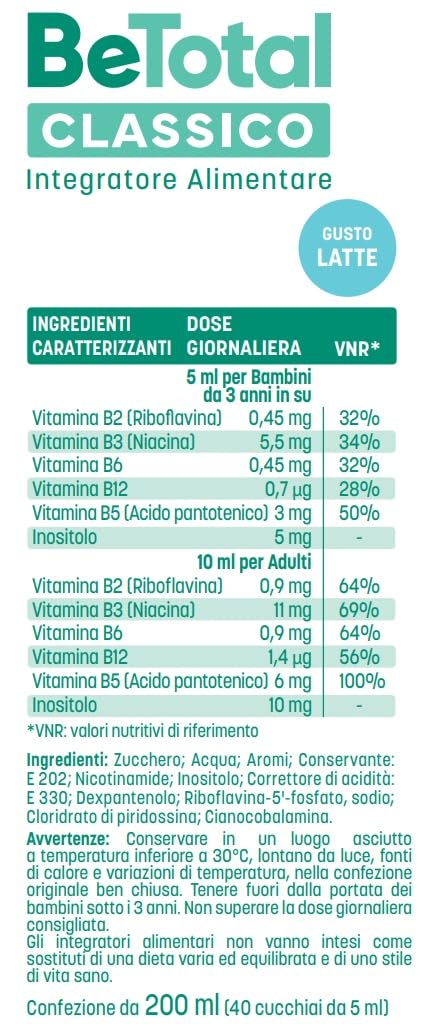 Be-Total Classico Integratore Alimentare di Vitamina B per Ridurre la Stanchezza e Riattivare l’Energia, a Supporto del Sistema Immunitario, Bambini 3+ e Adulti, Gusto Latte, 2x200ml