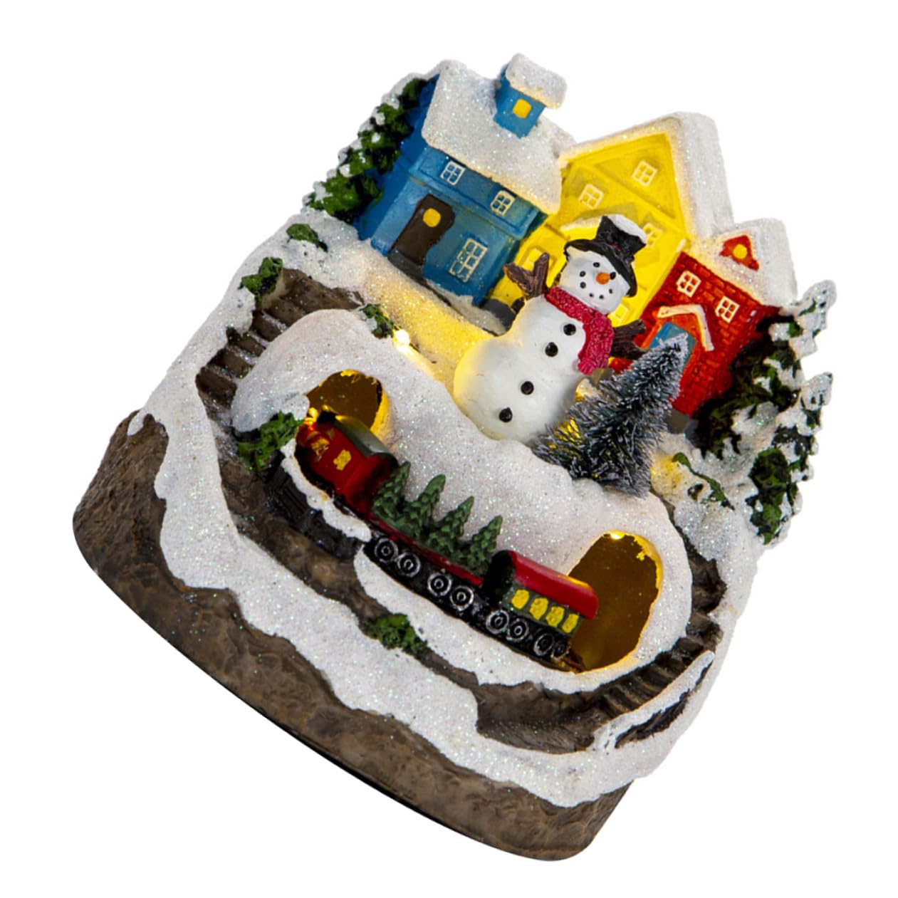 Casa Iluminada Navideña de Resina con Sonido y Tren, Adorno Rústico para Mantel y Cocina, Adorno Tradicional para Mesa de Navidad