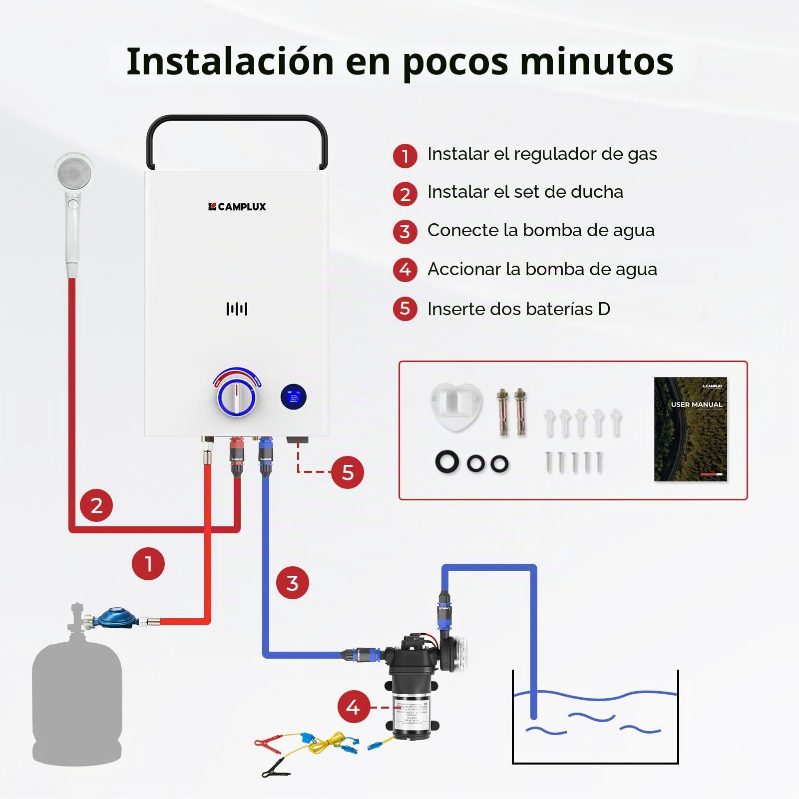 CAMPLUX First 10 L/M Calentador de Agua a Gas con Bomba de Agua & Mango, GPL (50mbar), para Ducha al Aire Libre/Camping/RVs, F10 Pro-DE