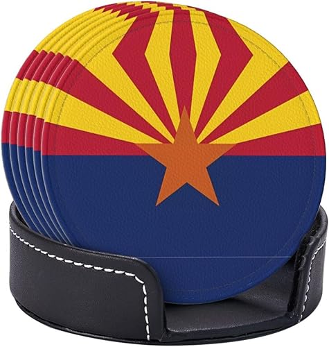 Miniatura 6 de Drink Coasters Set of 6, Arizona Flag Printed PU Leather Round Coaster with Holder for Outdoor, Office, Bar, Funny Heat-Resistant Home Desk Decor
