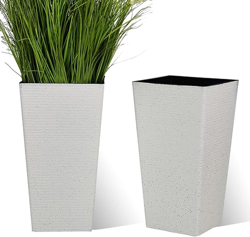 Juego de 2 macetas altas cuadradas cónicas para jardín, maceta grande para patio, maceta interior y exterior con bandeja móvil (blanco)