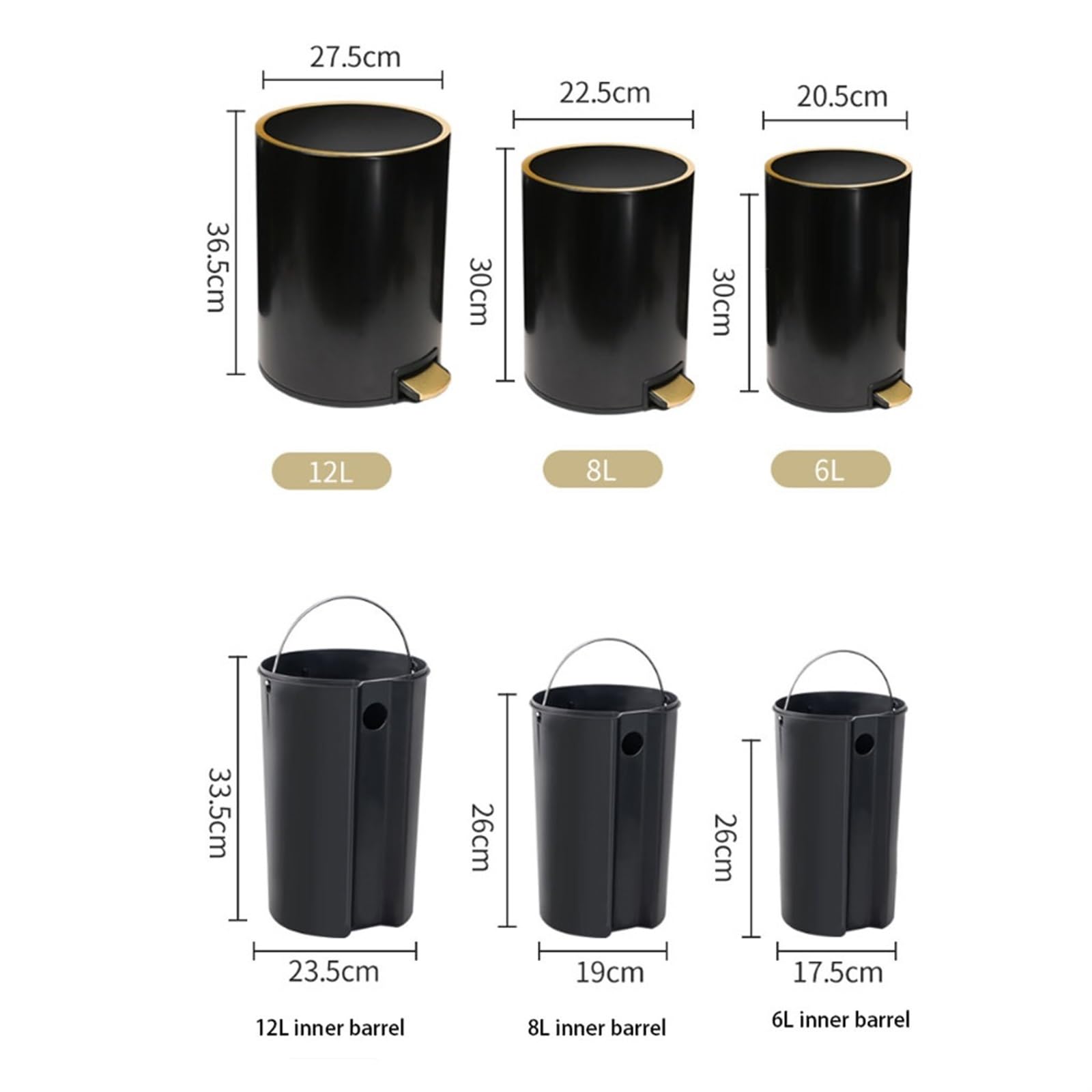 Abfalleimer, Papierkorb Papiereimer Soft-Close-Mülleimer Mit Pedal, Runder Badezimmer-Mülleimer Aus Edelstahl, Abfallkorb-Mülleimer Mit Deckel For Die Küche Papierkorb und Mülleimer(Black,12L)