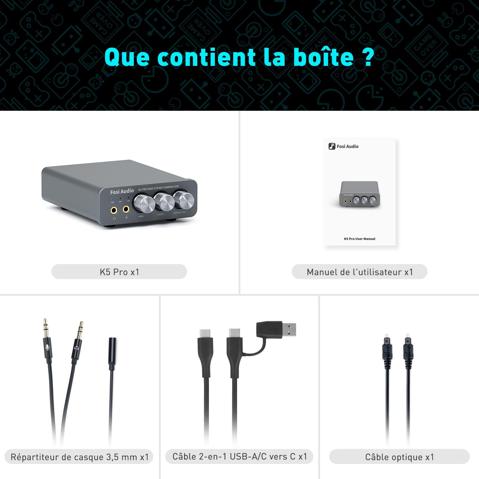 Fosi Audio K5 Pro Amplificateur Casque USB C DAC HiFi, Entrées USB/Optique/Coaxiale/Microphone vers Sortie AUX/RCA 3,5 mm, Ampli DAC de jeu Haute Résolution pour PS5/PC/MAC/Haut-Parleurs Actifs