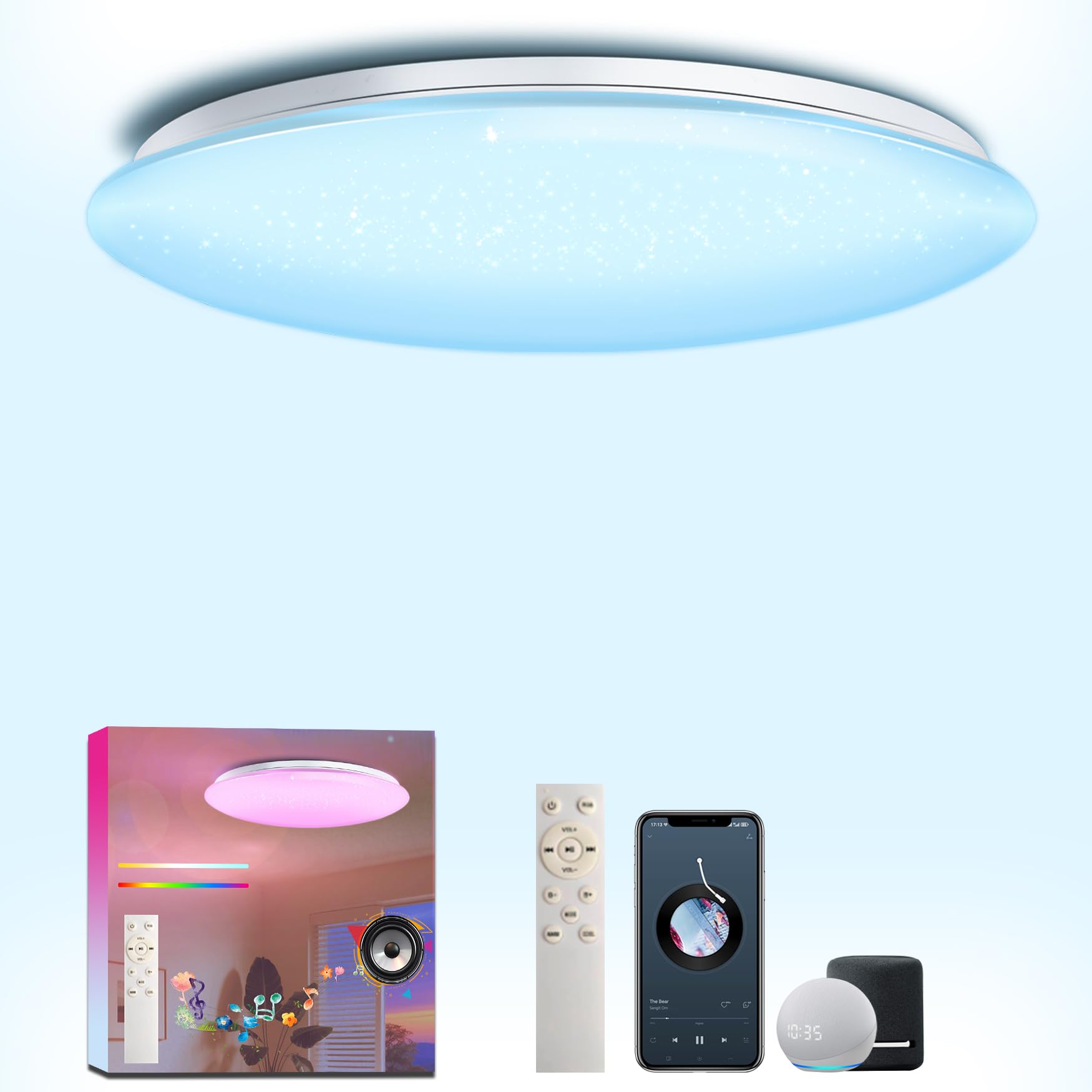LED Plafoniere da 40cm 45W Compatibili con Alexa Altoparlante Bluetooth Integrato Luci dimmerabili e temperatura di colore regolabile Illuminazione ambientale RGB Telecomando incluso