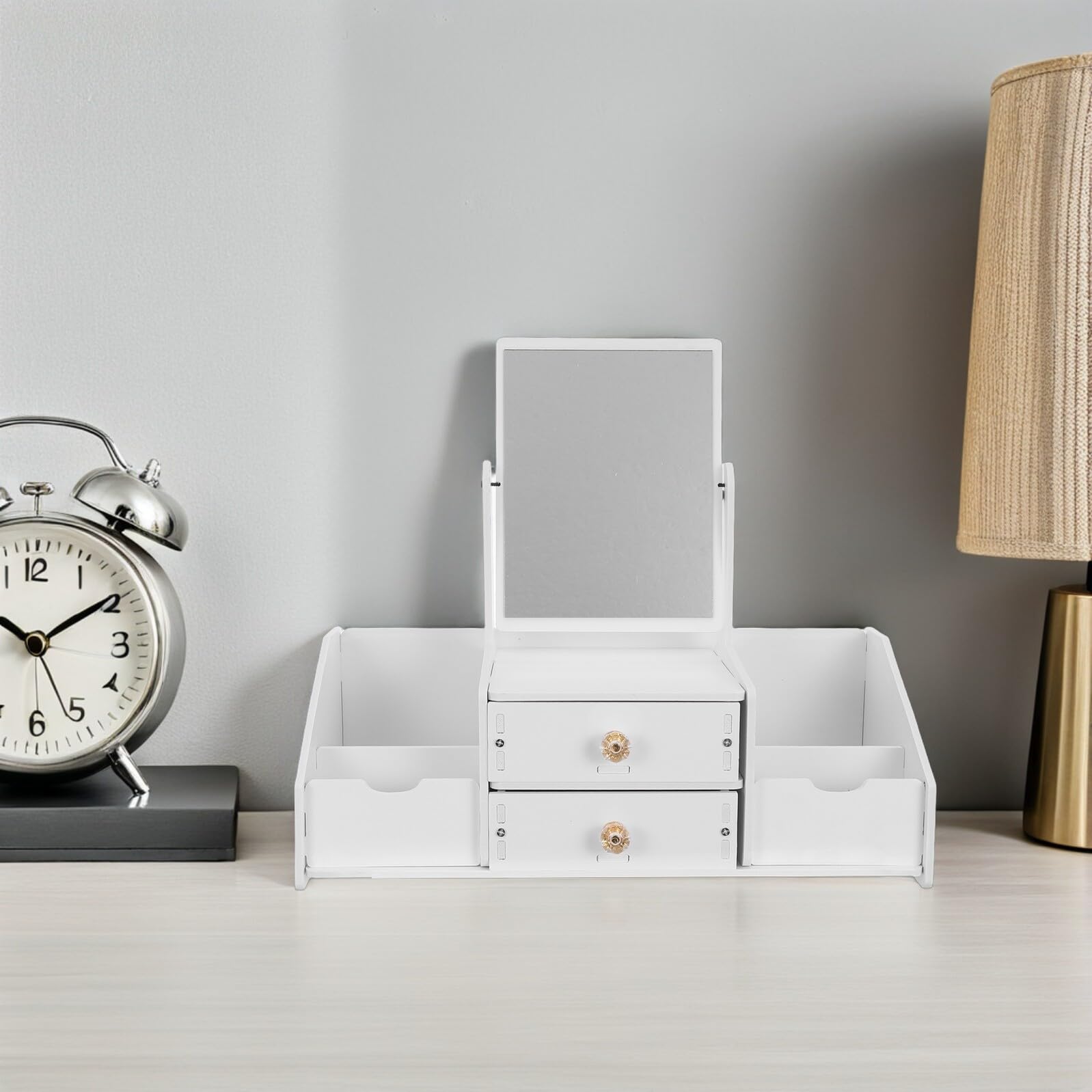 Abaodam Organisateur de Maquillage Multifonction et Tiroirs Pratiques en Bois Plastique Blanc avec Miroir en Verre pour Cosmétiques et Soins Peau