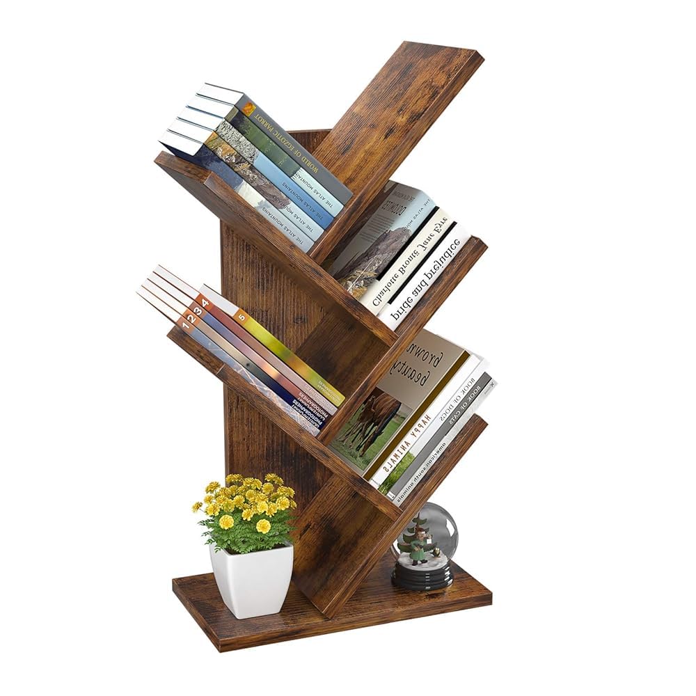 iSunirm 5-Tier Tree Bookshelf, Floor Standing Bookcase, Modern Wood Book Shelf for Bedroom, Living Room, Home Office, 38x20x77cm,Brown