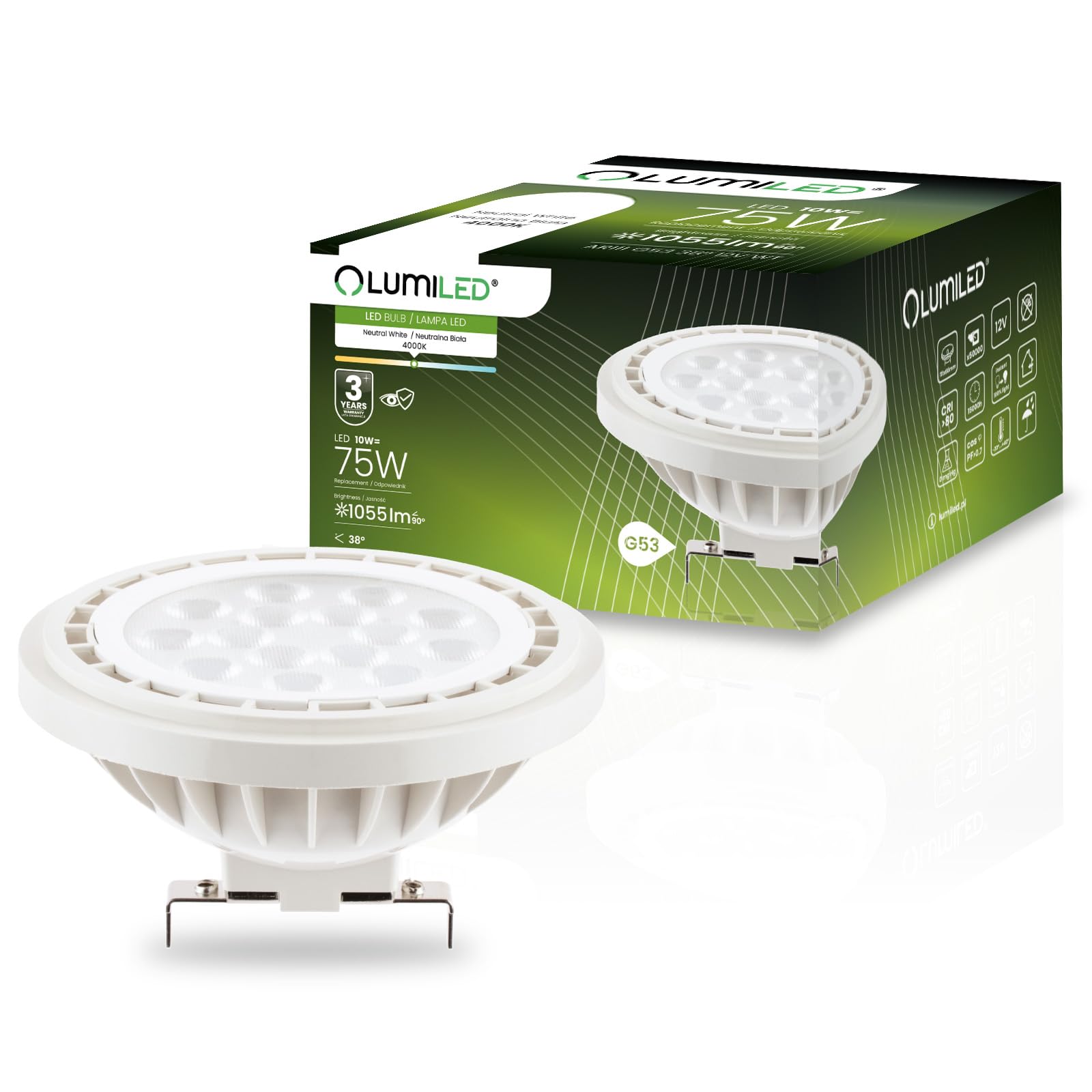 Lumiled LED-Leuchtmittel AR111 G53 Fassung Spannung 12V DC/AC 10W (Entspricht 75 Watt) Neutralweiß 4000K 38 Grad Abstrahlwinkel weiß 1055 Lumen Ra>90 Kunststoff