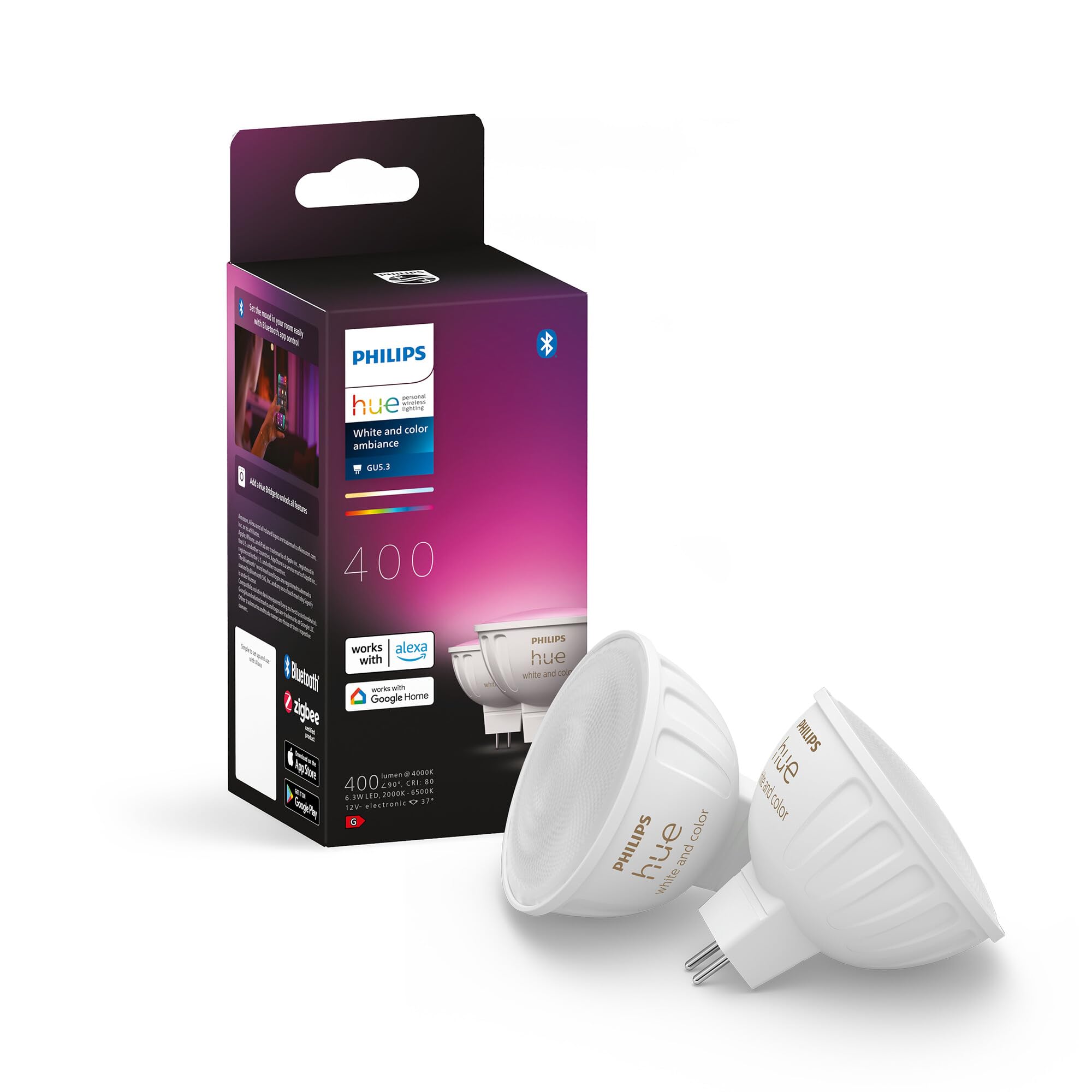 Philips Hue White Ambiance & Color MR16 LED Lamp, Dimmable, 16 Million Colours, Controllable via App, Compatible with Amazon Alexa (Echo, Echo Dot), Twin Pack