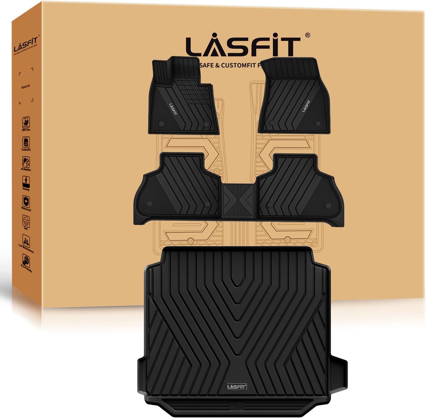LASFIT Floor Mats & Trunk Mat for BMW X5 New 2019-2024 2025 2026, All Weather Floor Liner TPE All Weather Custom Fit Floor Liner 1st&2nd Row Full Set Car Mats and Cargo Liner, Black