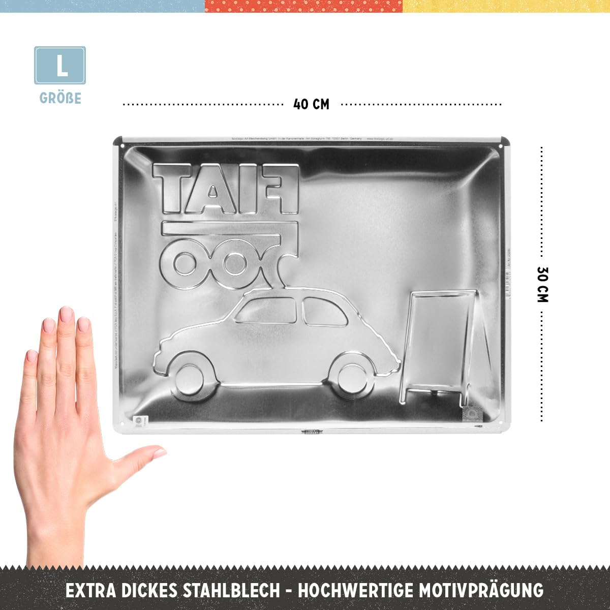 Nostalgic-Art Retro Blechschild Fiat 500 – 20x30 Cm, 3D Motivprägung, Offizielles Lizenzprodukt Aus Deutschland