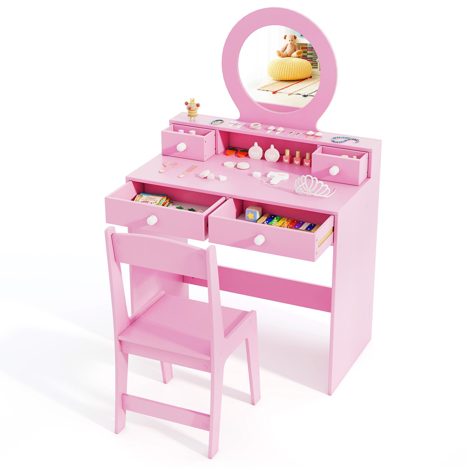 HONEY JOY Kids Vanity, Little Girls Vanity Set with Mirror and Stool, Drawers, Toddler Makeup Vanity Dressing Table, Wooden Pretend Play Kids Vanity Table and Chair Set (Pink)