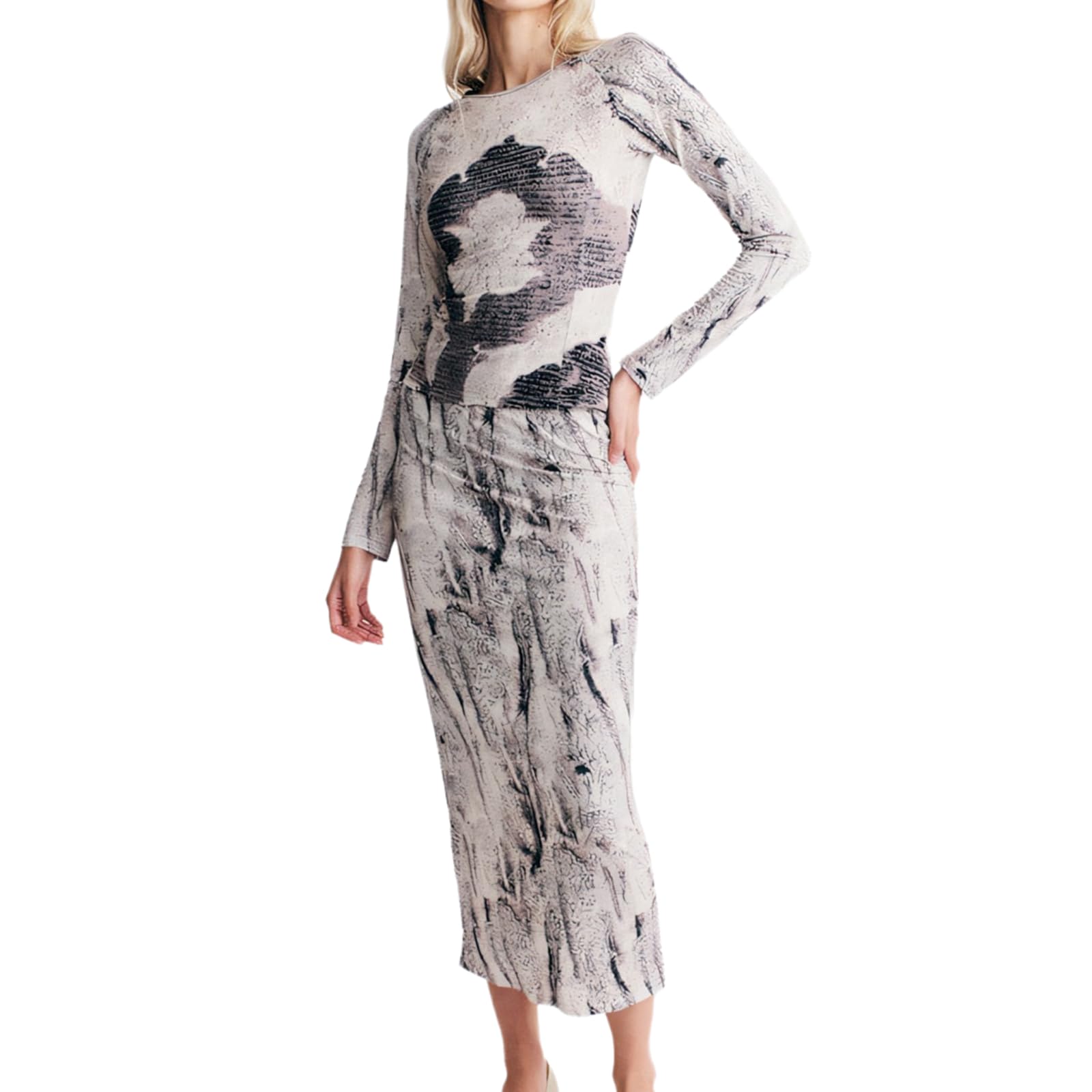 Womens 2 Piece Outfits Vintage Print Long Sleeve Top High Wasit Maxi Skirt Retro Set