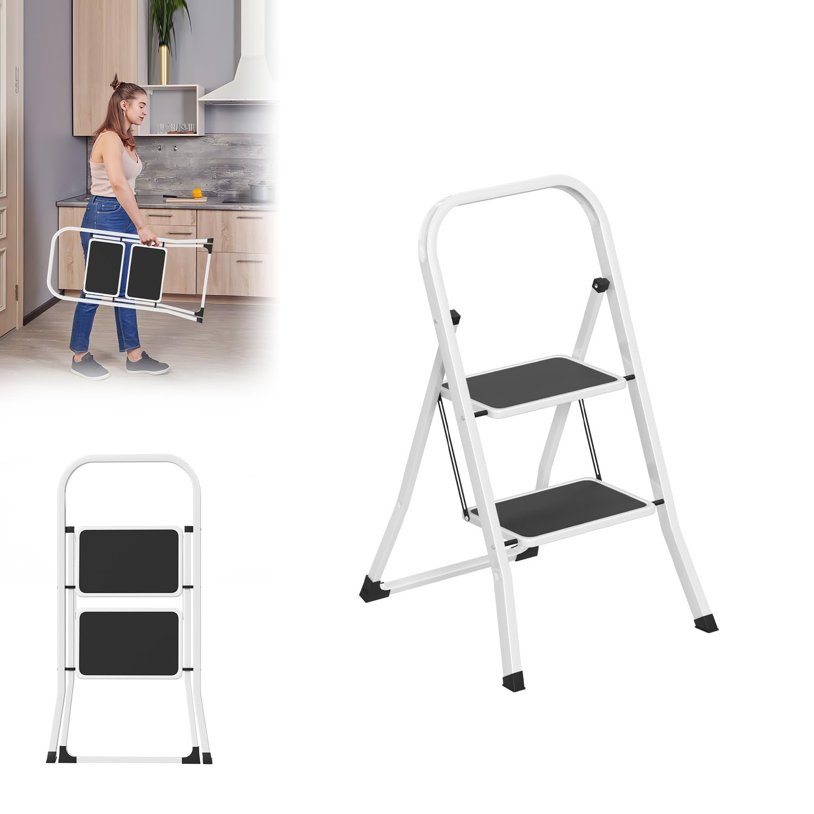 LARS360 Scala pieghevole a 2 livelli, in acciaio con gradini antiscivolo, portata 150 kg, pieghevole, per casa, cucina, ufficio, salvaspazio, solo 5 cm (nero + bianco)