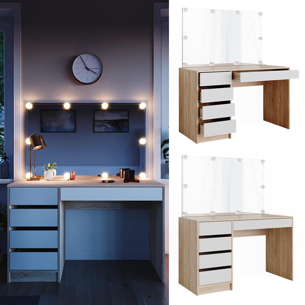 Coiffeuse Sherry 120cm Avec Miroir LED Et Tabouret - Blanc Et Or - Rangement Moderne Et Élégant