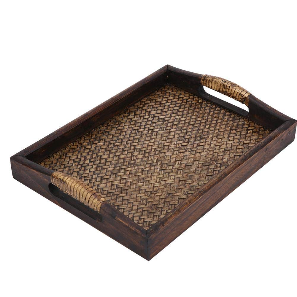 Rattan Serving Tray with Handle, Rustic Decorative Coffee Table Tray Rectangular Tea Tray Breakfast Tray for Breakfast, Drinks, Snack 30.5 x 23 x 6.5cm