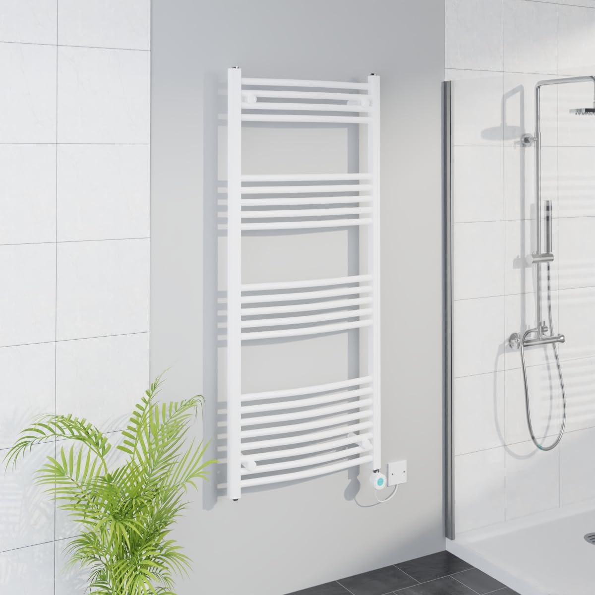 Warmehaus Smart WiFi Thermostatic Electric Bathroom Curved Heated Towel Rail Warmer Radiator with Timer 1400x600mm - White