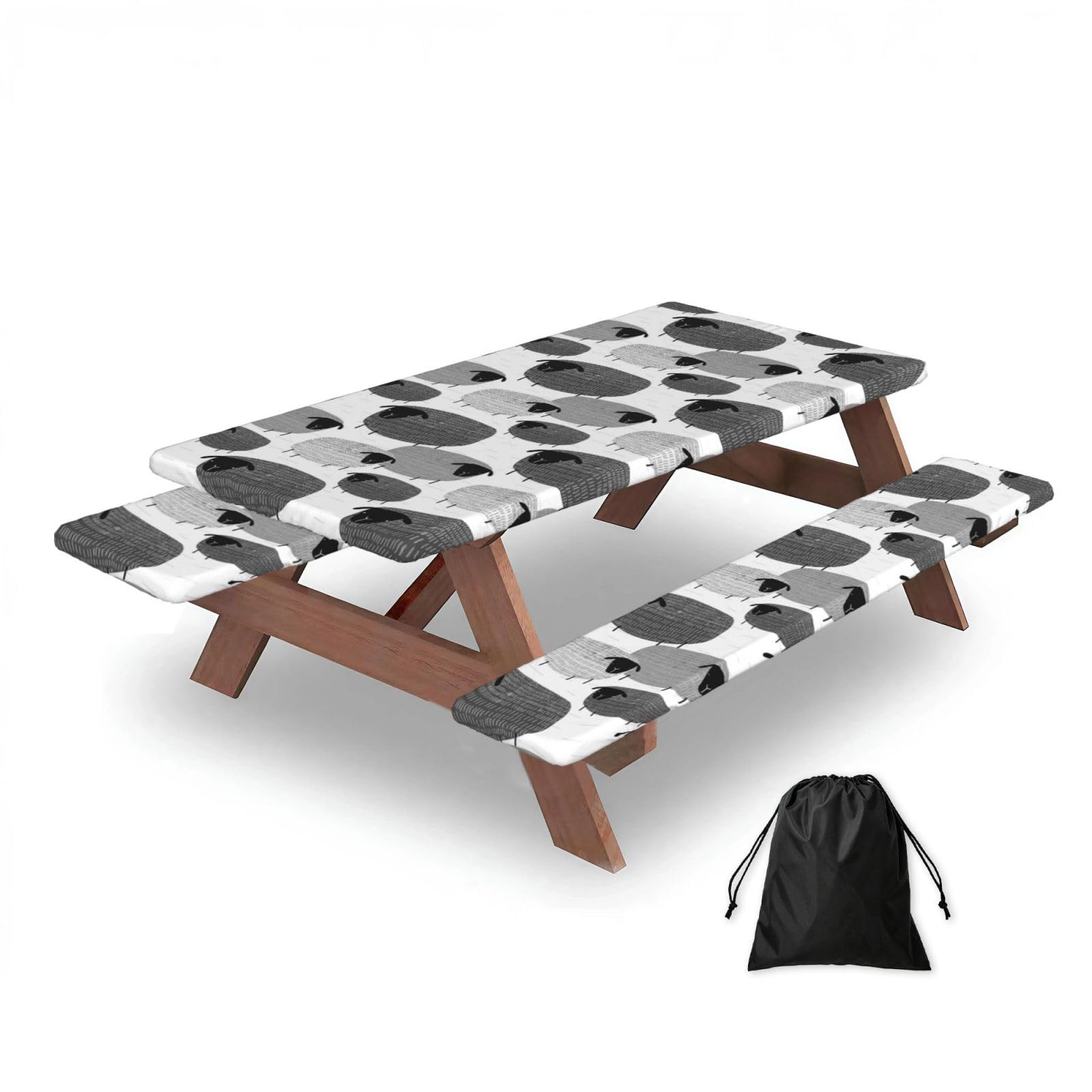 Dopklna As Picture Funny Sheep On Gray Background, Picnic Table Cover With Bench Covers -Waterproof Elastic Fitted Tablecloth For Garden Camping Patio 76X152cm