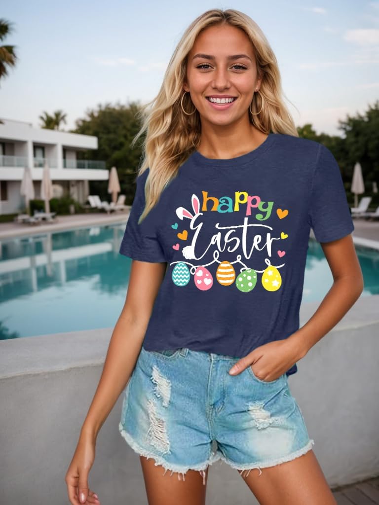 Easter Shirts for Women V Neck Happy Easter T Shirt Easter Bunny Shirt Cute Rabbit Graphic Tee Gift Spring Tees Tops - Image 2