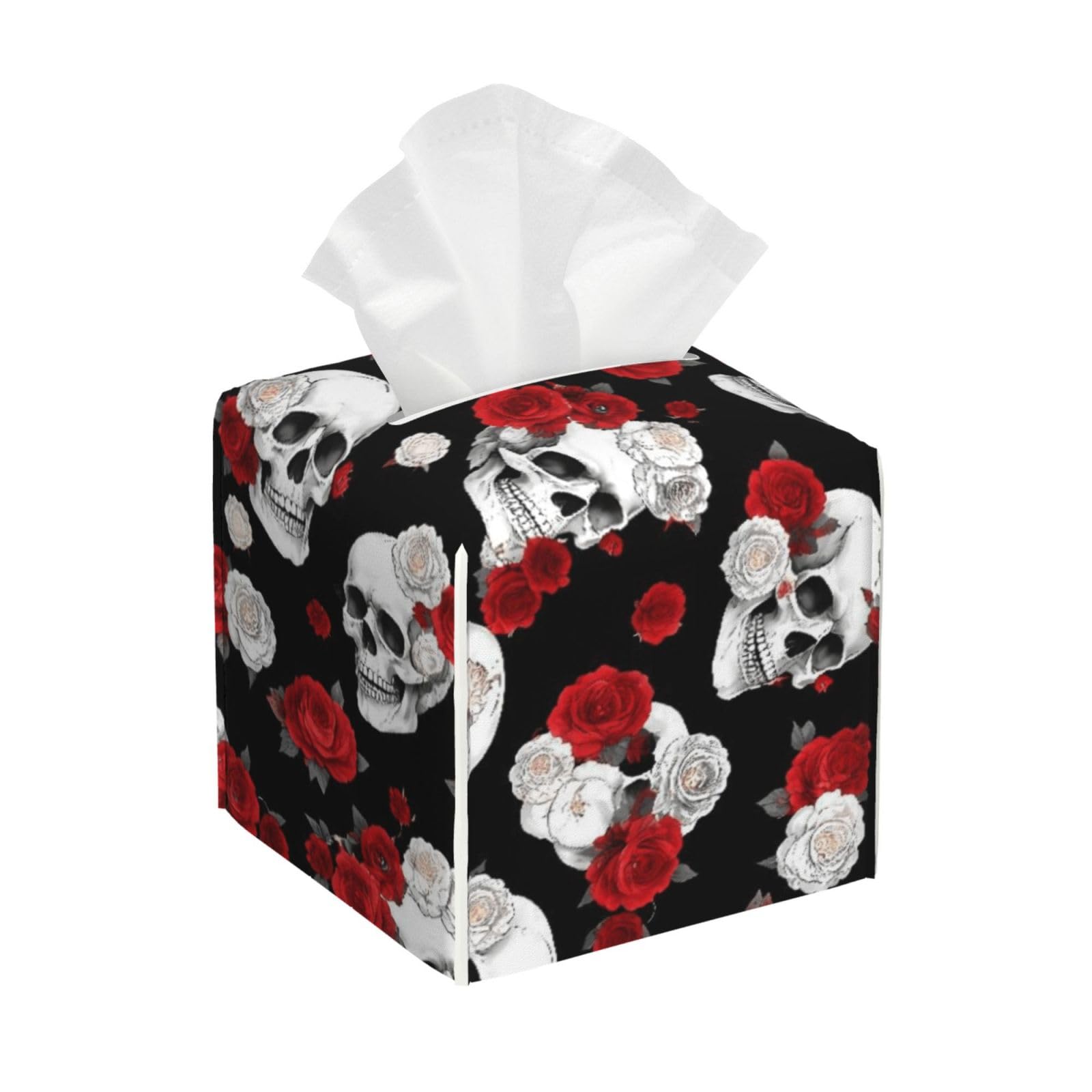Horror Rose Skull Leather Tissue Box Cover Holder Square Facial Paper Organizer 5.2" X 5.2" X 5.2"