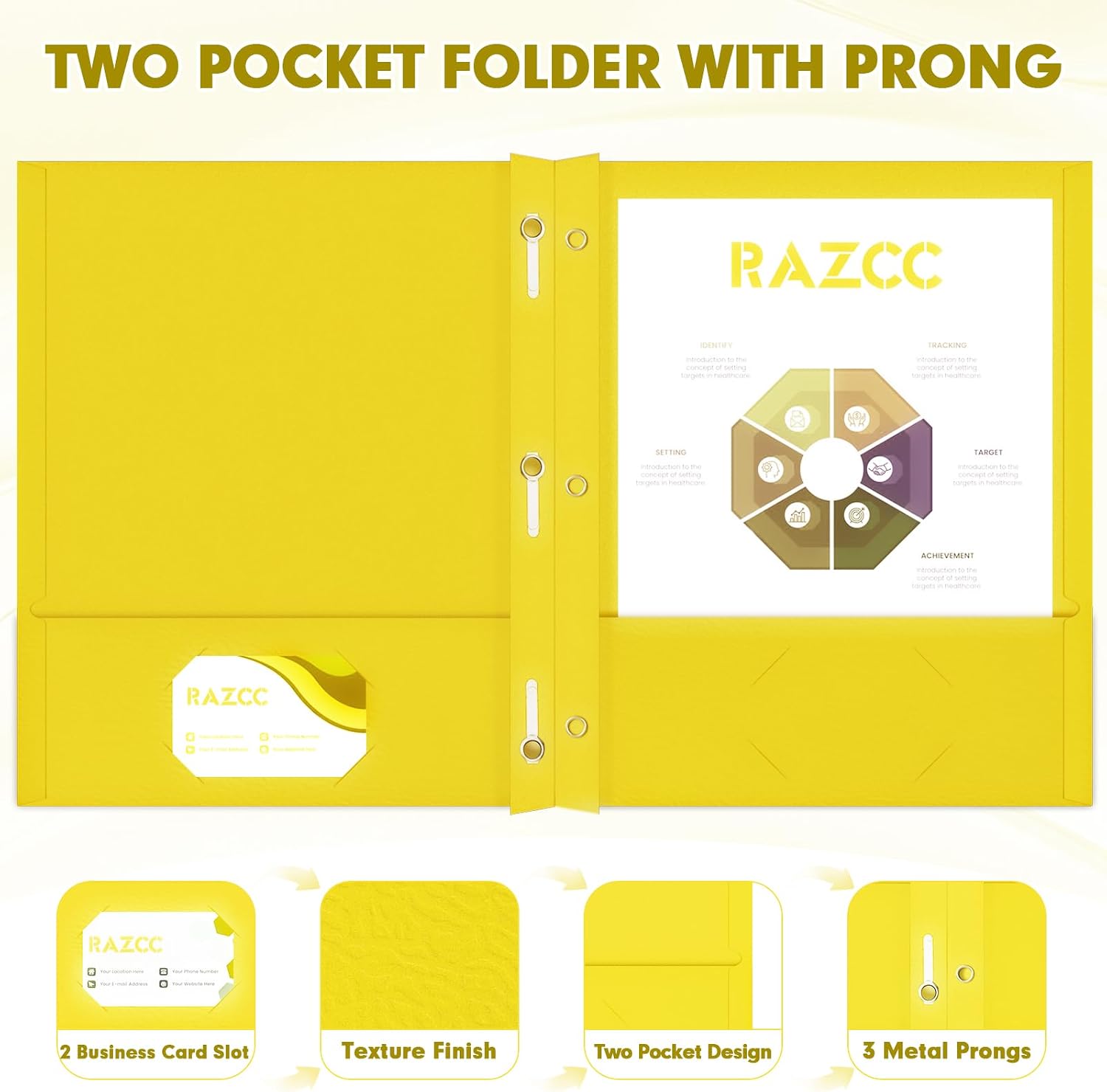 Two Pocket Folders, RAZCC 50 Pack Two Pocket Folders with Prongs, 3 Prong Folders Fit Letter Size Paper, Pocket File Folders for School Office Home Business, Yellow