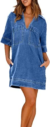 Loveimgs Women's Denim Shirt Dress - Short Sleeve V Neck Distressed Mini Dress