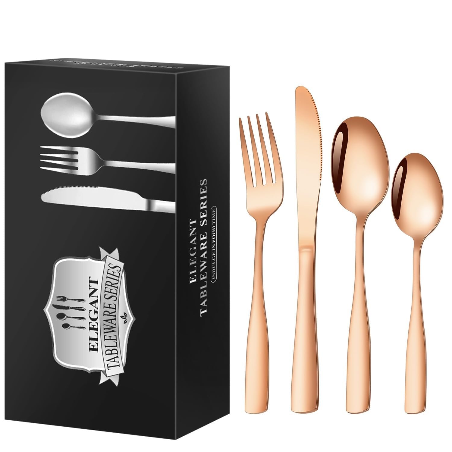 OLSKFUH Cutlery Flatware Cutlery Set, 60-Piece Set Of Stainless Steel Square Handle Cutlery Knife, Fork And Spoon 15 Servings Hotel Home Steak Cutlery,Rose Gold