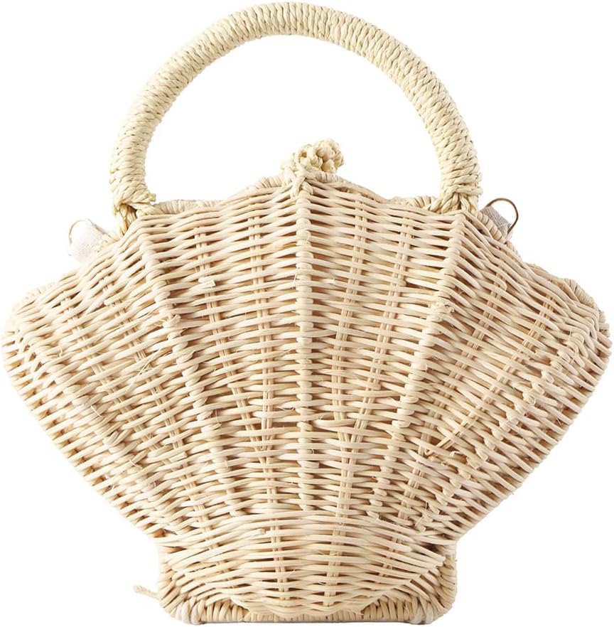 Women Summer Seashell Shape Straw Clutch Purse Woven Handbag Rattan Crossbody Bag for Beach Wedding Vacation
