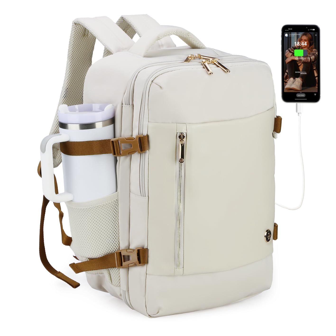 Design Travel Laptop Backpack for Women with TSA SD1749-07 | Laptop Backpack, 36l Carry-On Bag with USB Charging Port, RFID Protection & Wet-Dry Separation, TSA, Beige Brown, MEGGEN