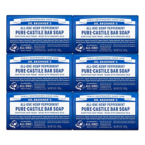 Dr. Bronner’s - Pure-Castile Bar Soap (Peppermint, 5 oz, 6-Pack) - Made with Organic Oils, For Face, Body & Hair, Gentle & Moisturizing, Biodegradable, Vegan, Cruelty-free, Non-GMO