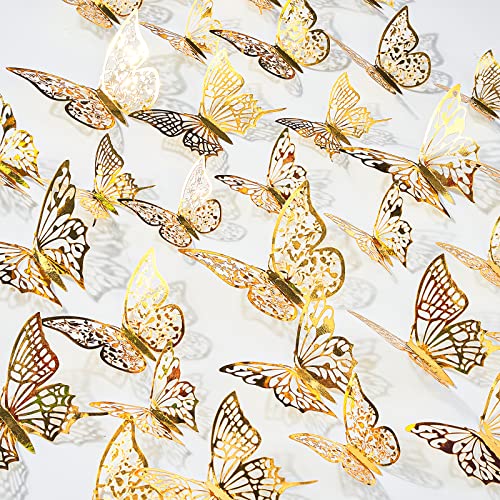 PartyWoo Butterfly Wall Decor, 36 pcs 3D Butterfly Wall Decals, Gold Butterfly Decor, 3 Sizes Removable Butterfly Room Decor Stickers, Butterflies Decorations Murals for Cake Party Window Crafts