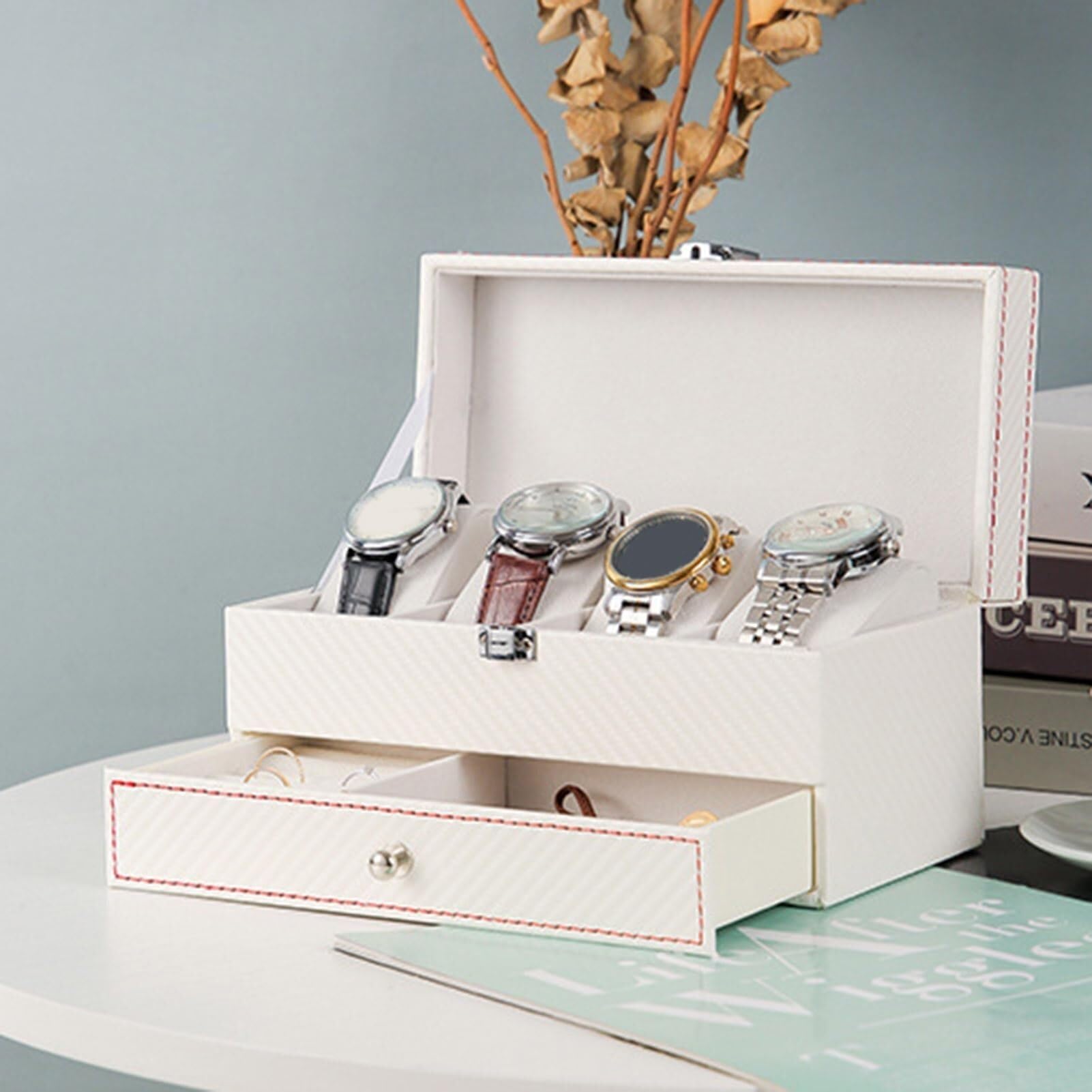 Boîte à montres anti-rayure organiseur bijoux double couche avec tiroir pour lunettes