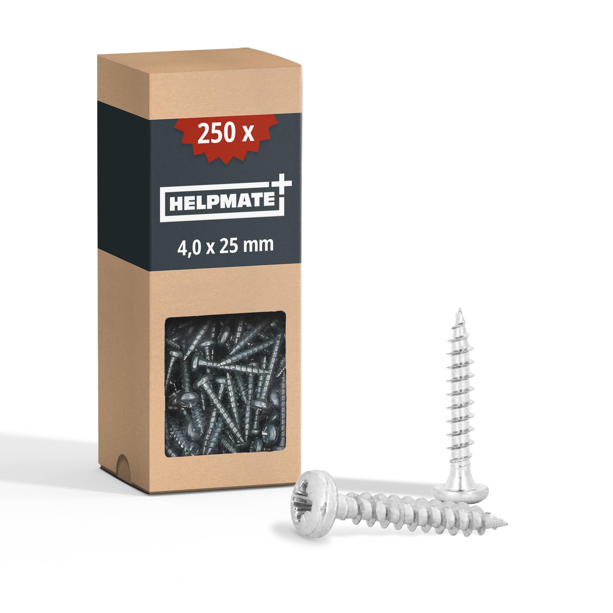 HELPMATE - Wood Connector Screws 4.0 x 25 Galvanised - Pack of 250 Universal Screws with PZ2 Drive and Full Thread - For Attaching Fittings to Wood