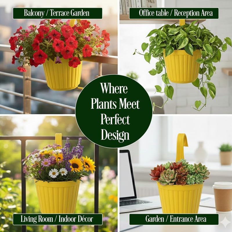Image of Railing Planter Pot with Hook for Balcony, Window & Garden | Hanging Plant Pot for Flowers & Plants | Plastic Balcony Flower Pot, Pack of 10