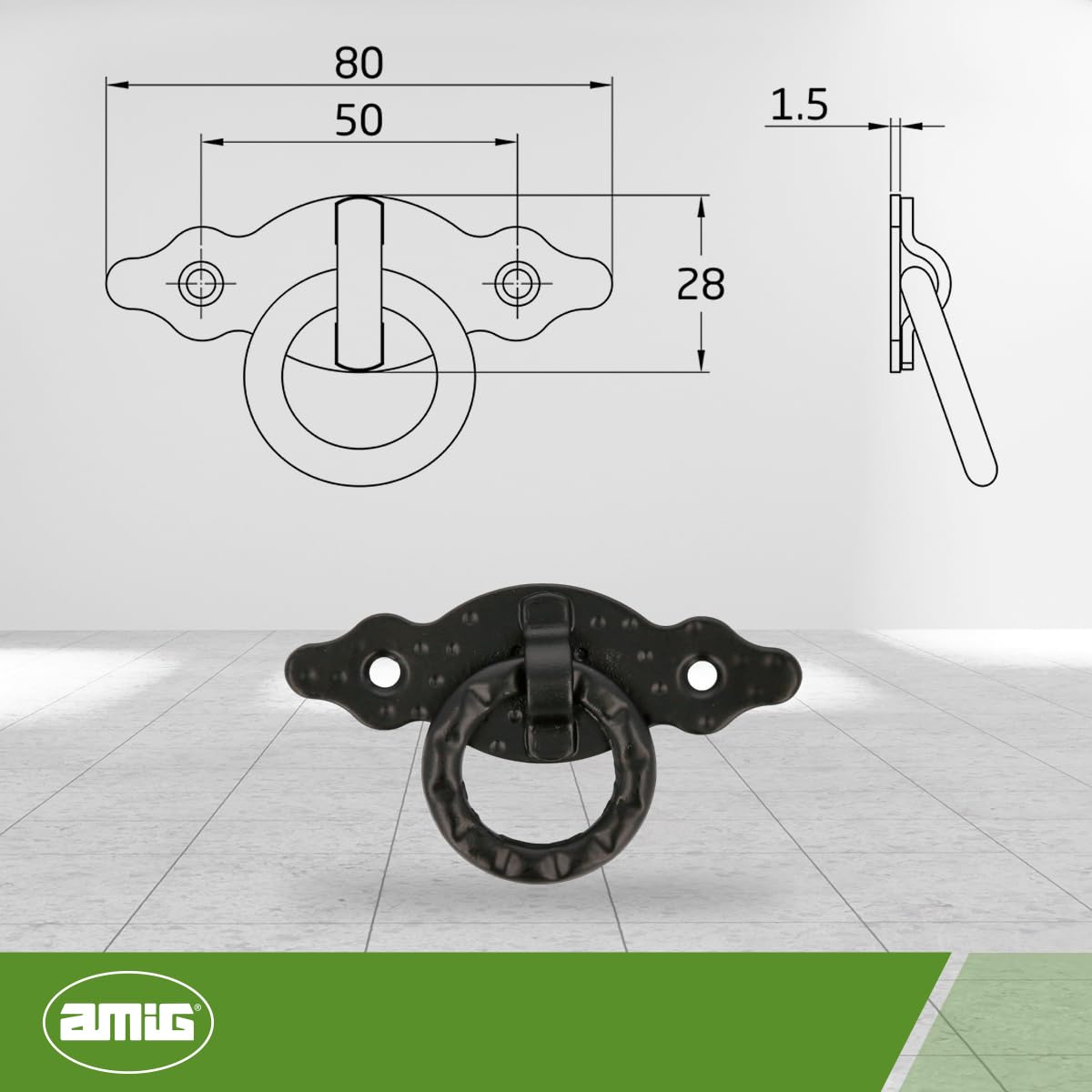 Amig - Maniglie Per Mobili Orizzontale - Modello 1000 - Acciaio - Ferramenta Rustica - 80x28x1,5 mm - Con Anello e Placca Puntinata - Finitura: Nera