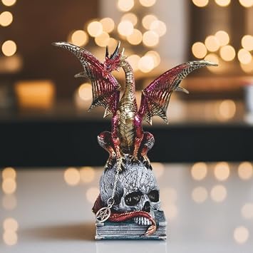 ICE Armor Hand Painted 9.25" H Red Dragon on Skull& Book Figurine Statue Sculpture Ornament Decoration Home/Room Decor Unique Gift Ideas for Housewarming Holidays Birthdays Great Collectible Addition