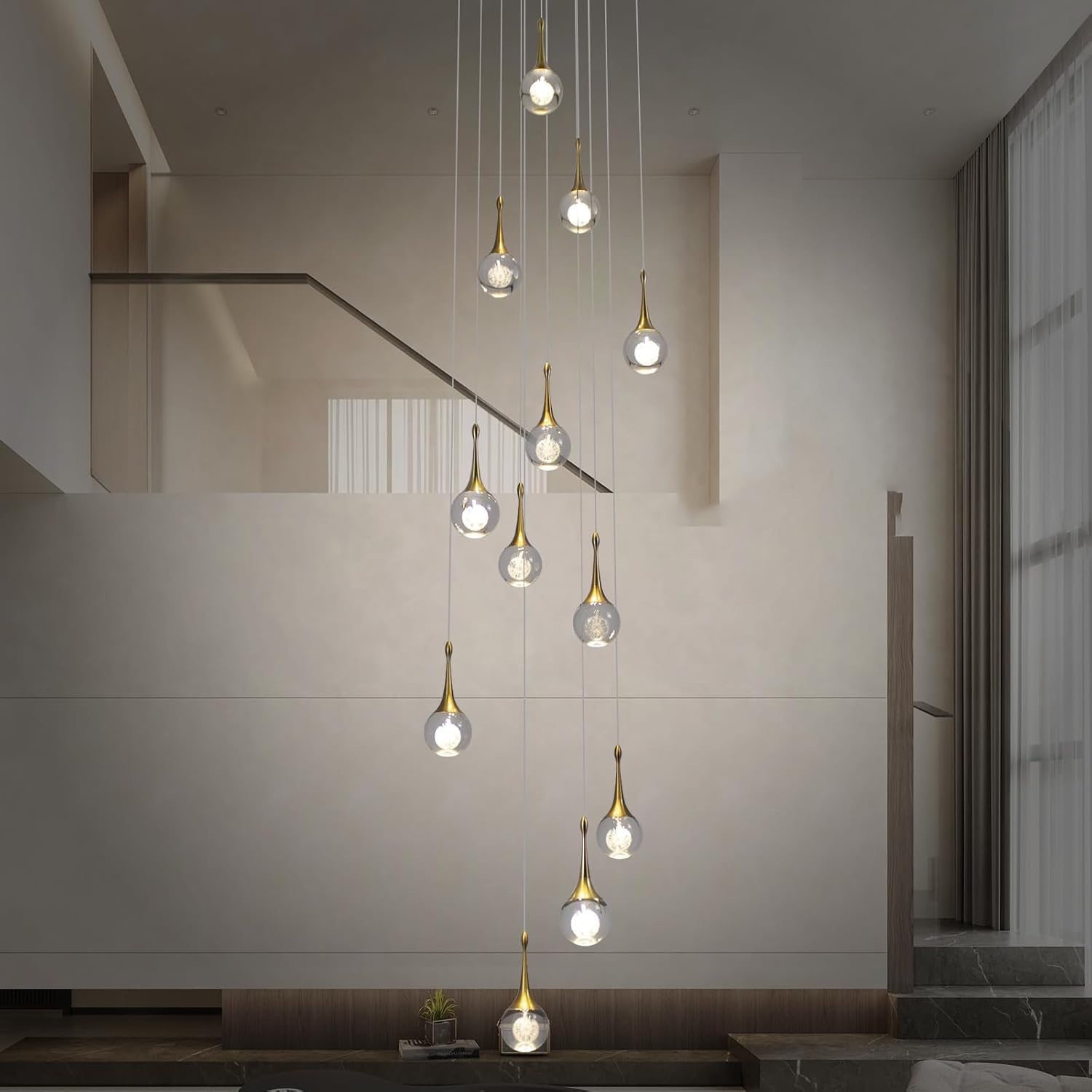 Lustre d'escalier LED doré Haut Plafond Suspension Luminaire intensité Variable télécommande Moderne Cristal en Forme de Goutte d'eau Longue Lampe Suspendue Cage d'escalier Salon entrée
