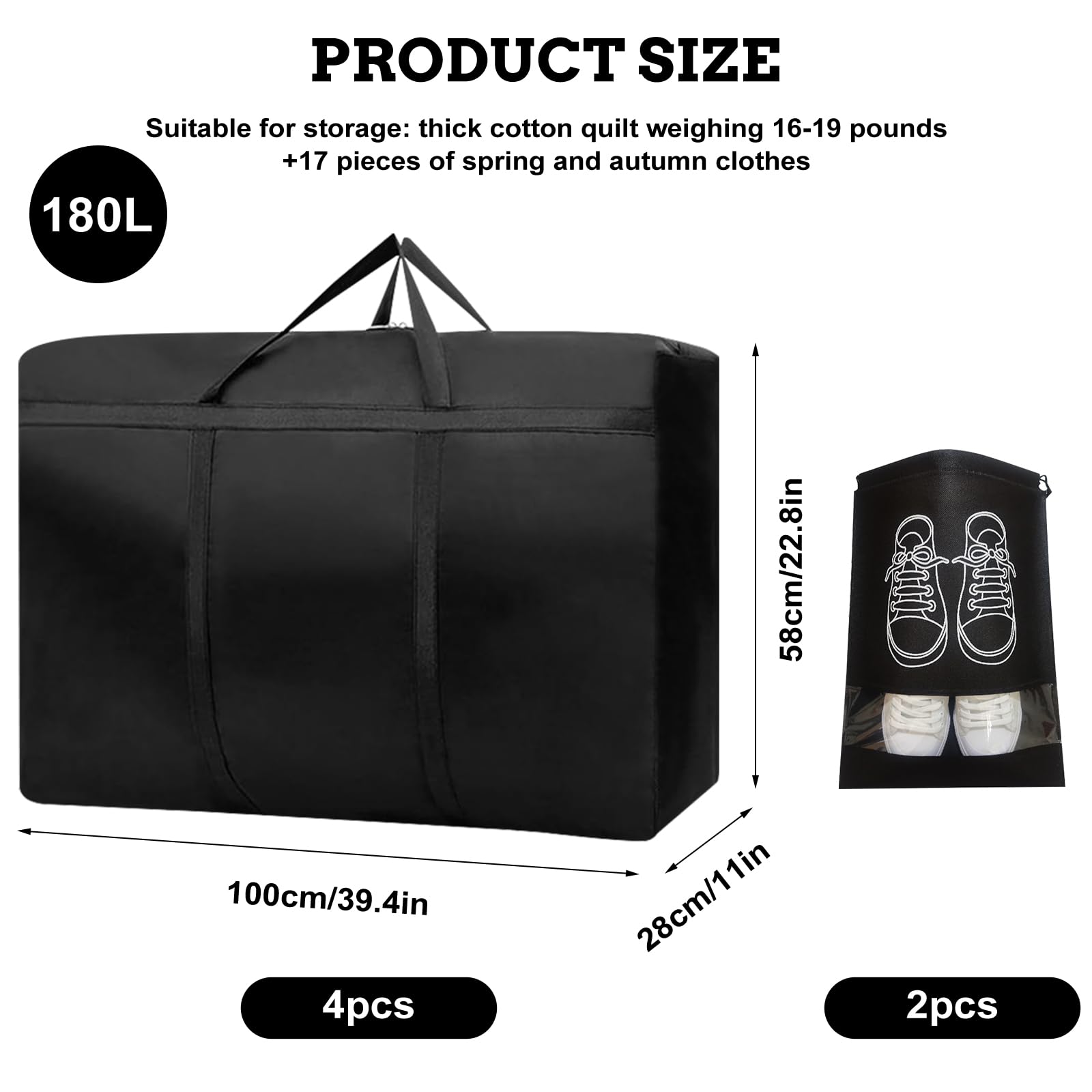 4 sacchetti da 180 l, extra grandi, 600D, Oxford Heavy Duty con chiusura lampo, borsa da viaggio, pieghevole, per coperte, vestiti, biancheria da letto, 100 x 58 x 28 cm