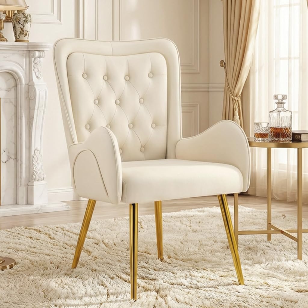 Hellove Fauteuil Salon Double Dossier Design Scandinave Luxe - Chaise Lounge Confortable Cuir, Structure Bois Massif, Pieds Métal Doré, Accoudoirs Radius pour Salon, Chambre, Beige